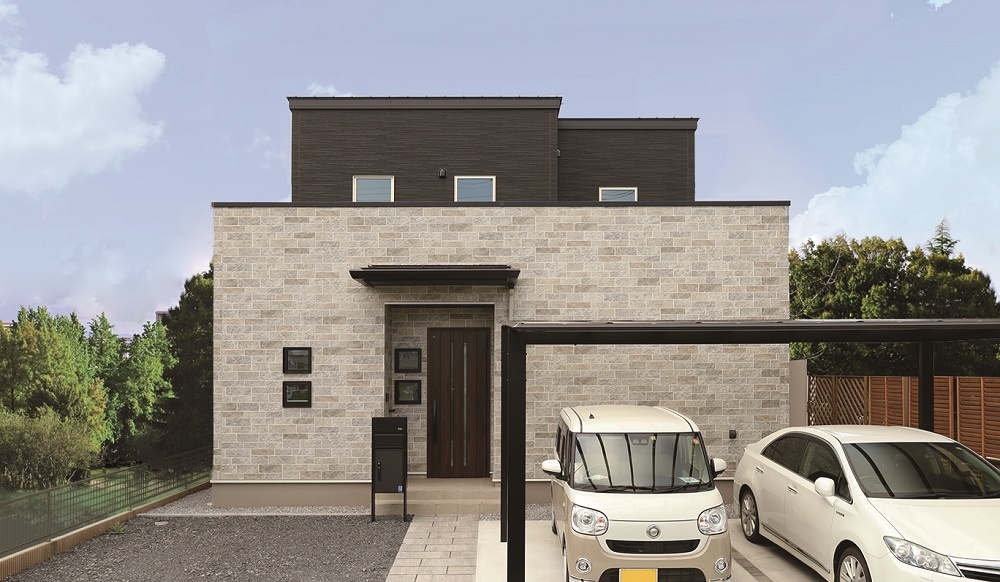 木目×スモーキーカラー<br>キュービックのスタイリッシュな家